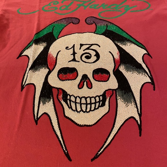Vintage Ed Hardy by Christian Audigier Jewel Crystal Skull & Wings T Shirt - Picture 3 of 15